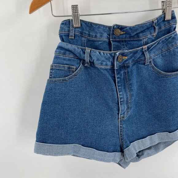 Mebon Machine Jeans Double Waist Jean Shorts High Waisted Stretch Blue Denim - Picture 5 of 8
